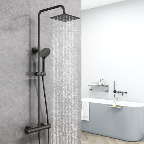 AICA Ensemble de Colonne de Douche Thermostatique pour Salle de Bain, Robinet de Douche Thermostatique, 3 Modes de Pulvérisation, Chromé, Hauteur Réglable 735 mm-1170 mm (Carré 2, noir)