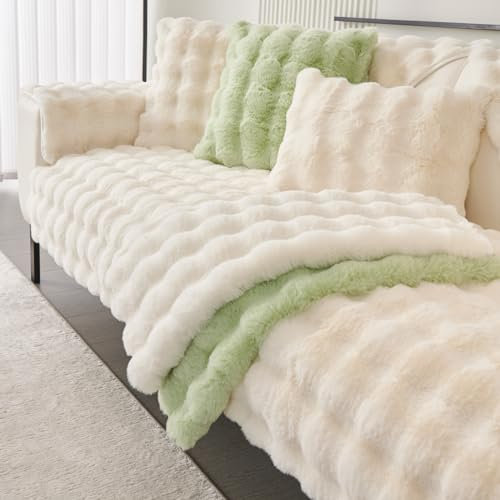 Bobomon Plüsch Sofa üBerzug Sofabezug 1 2 3 4 Sitzer Couch Bezüge L Form SofaüBerwurf Sofa Cover Auflagen Ecksofa Sofadecke aus Kunstpelz(beige, 90x210cm)