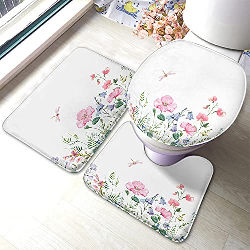 3 Tlg Badteppich Set Wilde Blumen, Rosa Mohn, Schneeglöckchen, Violette Lila Glocken Weiche U-Förmigen Contour Matte Shaggy Wc-Deckelabdeckung Wasserabsorbierend Set 3 Teilig Badvorleger