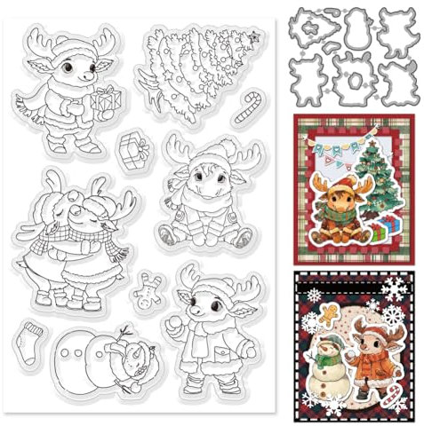 INFUNLY Weihnachts Rentier Stempel Und Stanzformen Zum Basteln von Karten Elch DIY Metall Stanzformen Elch Silikonstempel Schneemann Und Weihnachtsbaum Stempel Und Stanzform Zum Basteln von Karten Sc