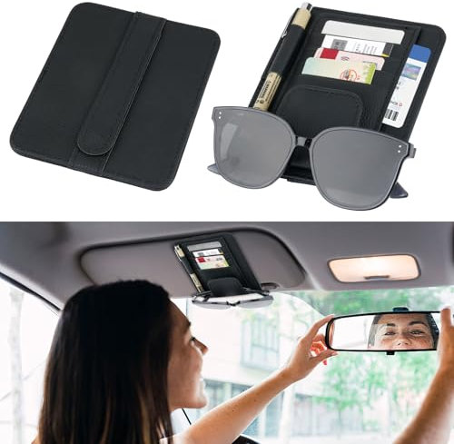 Sonnenblende Organizer,Sonnenblende Auto Organizer,Organizer Auto mit Brillenhalter Clip,Multifunktions Auto Sonnenblende Organizer,Leder Aufbewahrungstasche für Karten Lizenz Stift Brillen(Schwarz)