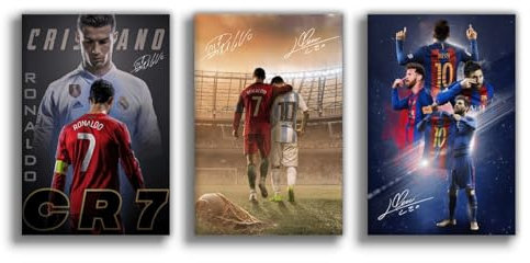 NebulaNova 3 Stück Fußball-Superstars Messi und Ronaldo Leinwand Poster Wandkunst-Dekoration für Zuhause, Wohnzimmer, Schlafzimmer, Schlafsaal Ungerahmt 20x30cm