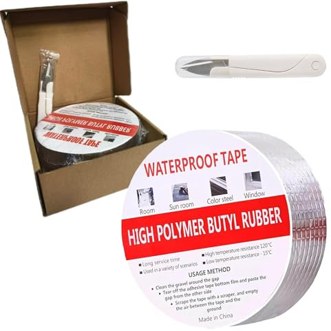 HAIYUU Butyl Tape Waterproof Tape, Aluminum Foil Tape Butyl Sealant Tape for RV Roof Repair, Boat and Pipe Sealing, Silicone, Glass & EDPM Roof Leak Patching, Silver(5cm x 5m)