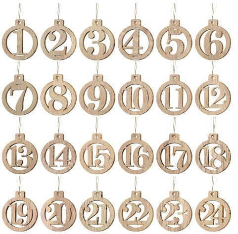 RYMAUP 1-24 Adventskalenderzahlen Holzanhänger Holz Countdown Zahlen zum Basteln Holzanhänger Geschenkanhänger Deko Weihnachtsanhänger