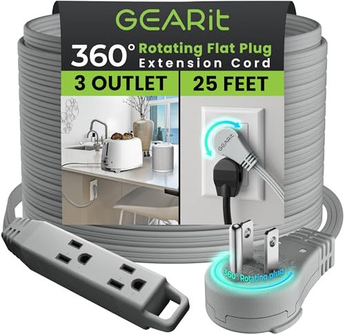 GEARit 360° Rotating Flat Plug Extension Cord with 3 Outlets 1.5M Grey 16AWG/13A 3 Pin Cable Power Output for Home Office Bedroom Essential Room