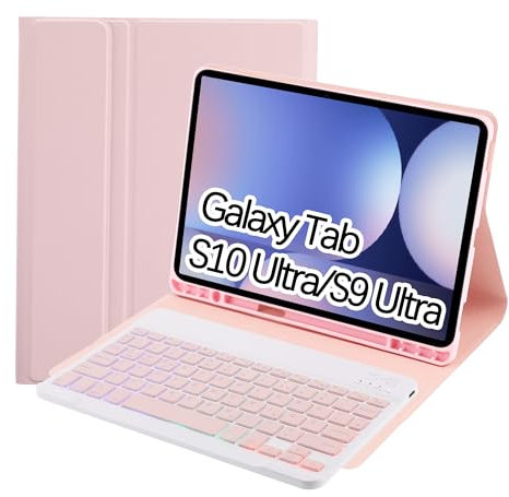SUEEWE Tastatur Hülle für Samsung Galaxy Tab S10 Ultra / S9 Ultra / S8 Ultra 14,6, TPU Rückseite Hülle mit 3 Bereich 7 Farbe Beleuchtete Abnehmbarer QWERTZ Tastatur, Rosa