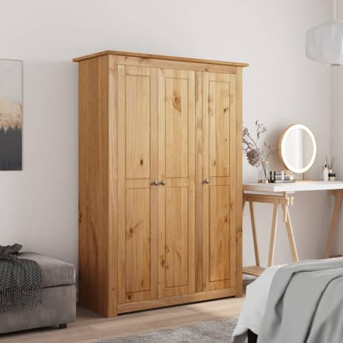 Myheimly Panama-Kiefer Kleiderschrank 3-Türig Dielenschrank Garderobenschrank Schlafzimmerschrank Schrank Holzschrank Braun,118 x 50 x 171.5 cm