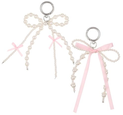 Yuannee Porte Clés à Nœud Perlé,2 PCS Breloques Sac à Main Kawaii pour Femme Déco Miniature pour Trousseau Téléphone Sac (Blanc/Rose)