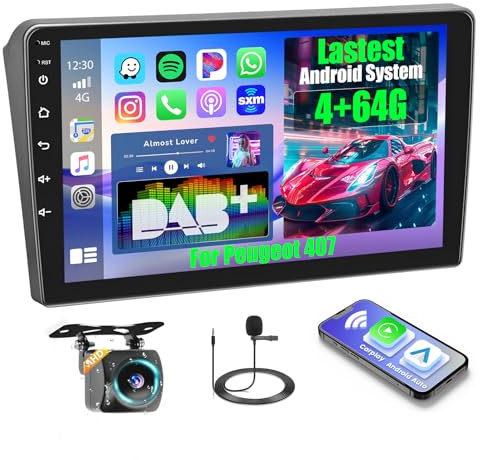 Inefala 4+64G Radio para Peugeot 407 2004-2011 Android 15 con Wireless Carplay y Android Auto, 9'' Pantalla Táctil Estéreo Radio con Dab Bluetooth 59UI HiFi GPS FM/RDS SWC AHD Cámara Inversa