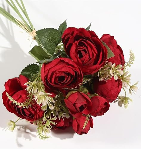 VATTEN HOME Bouquet de fleurs artificielles 28 cm, rose, polyester + polyéthylène + fer, très réaliste et couleur brillante (14 fleurs rouges roses)