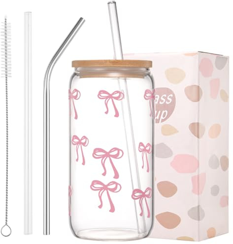 ANABIUP Coquette Cute Pink Bow Glass Cups with Lids and Straws, Aesthetic Iced Coffee Cup, Girly Preppy Design Tumbler Mug for Teen Girls Women Girlfriends Gifts