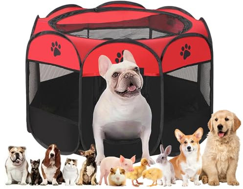 Welpenauslauf, Welpenlaufstall, Laufstall Hund, Katzengehege, Hundelaufstall für Wohnung, Welpenauslauf Indoor, Laufstall Katze, Hasengehege, Kaninchengehege, (Rot+Schwarz, 114x114x58, 6)