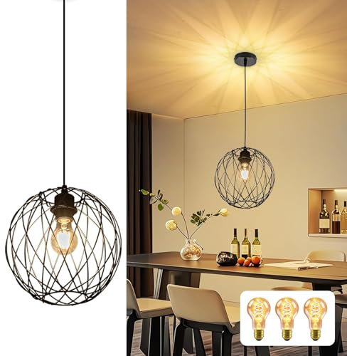 Glitzerlife Hängelampe Schwarz Pendellampe Industrie - Pendelleuchte Vintage 3×4W Warmweiß E27 Hängeleuchte 1 Flammig Retro Esstischlampe Rund Küchenlampe Schlafzimmer Ø 25cm × 24cm