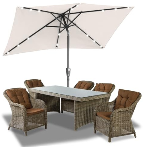 Jaxguom 140x210CM Sonnenschirm Rechteckig Solar LED Kurbel-Schirm Gartenschirm Terrassenschirm knickbar Sonnenschirme ohne Ständer Großschirm für Balkon,Terrasse,Garten,Beige