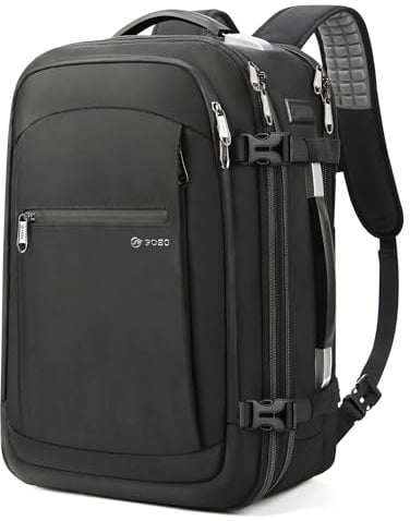 Vakuum Rucksack Handgepäck, 60L Erweiterbarer Reiserucksack, TSA-Schloss und Anti-Diebstahl Tasche, Laptopfach 17, Vakuum-Reisetasche für Damen und Herren, Flug & Business (Schwarz ohne Pumpe)