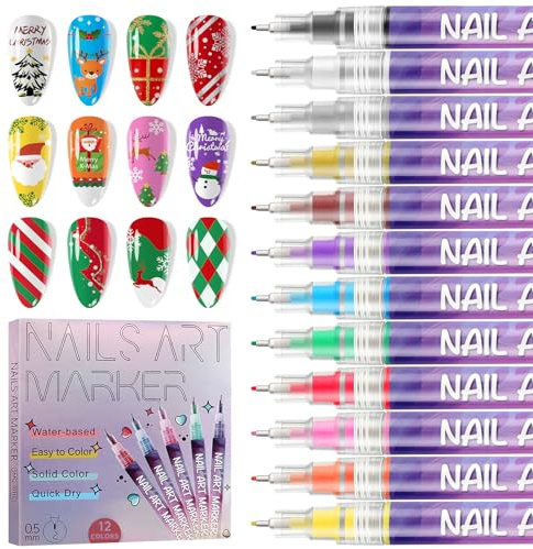 EBANKU 12 Color 3D Nail Art Pens Set, 0.5MM Nail Polish Pens Graffiti Dotting Pen Drawing Painting Liner Brush for Home Salon Quickly DIY Nail Art