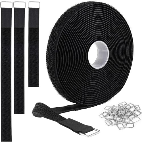 2cm x5m Hook and Loop Straps with 30 Metal Buckles, Adjustable Elastic Bands, Nylon Straps Heavy Duty, for Organizing Various Cables, Hoses, Umbrellas, and Luggage
