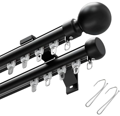 Gardinenstangen Innenlauf 2-läufig, Vorhangschiene Aus Aluminium, 50-800 cm Wandmontage, Mit Zubehör, Für Schwere Vorhänge, Schlafzimmer, Hotel(Schwarz,150cm)