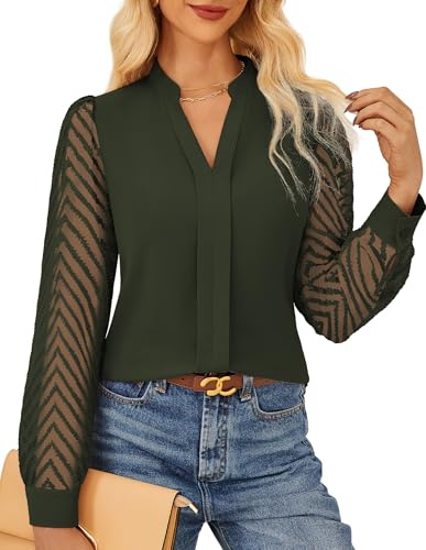GRACE KARIN Ladies 2025 Fall Blouse Shirts Chiffon Long Sleeve Blouses Classic Henry V Neck Tops Wedding Guest Outwear Army Green XL