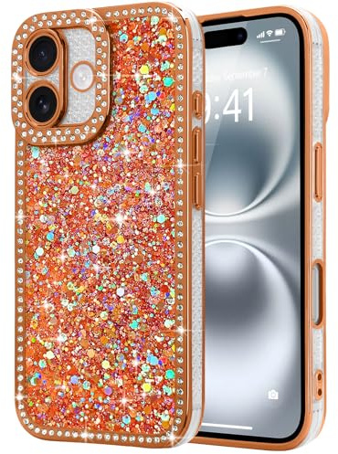 Lafunda for iPhone 16 Case Glitter Sparkly Shiny, Orange | Bling Luxury Phone Cover with Crystal Diamonds Rhinestone, for Women Girls Soft TPU Slim Shockproof Protective Phone Case