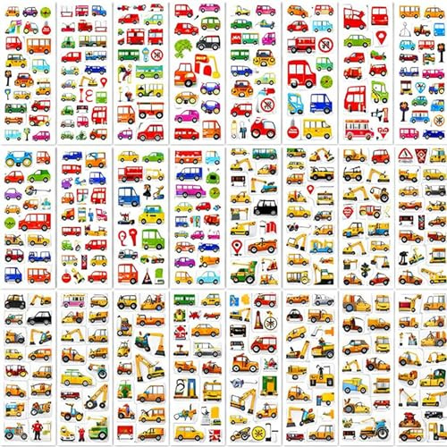 24 Blatt 3D Aufkleber Kinder Auto Bagger Sticker, Selbstklebend Geschwollen Stickers Für Basteln, Spielzeug, Geschenke Und Party Dekoration, 2 Stile Autos & Bagger, Jede Keine Wiederholung