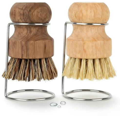 2 PCS Cepillos de Limpieza Cocina, Cepillo Fregar Platos con Mango de Madera, Estropajo de Fibra de Coco Natural, Cepillo Lavavajillas para Limpiar Ollas, Sartenes y Verduras con Soporte Drenaje