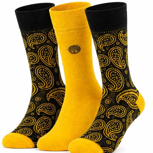 Towelogy Premium Mens Bamboo Dress Socks 3 Pack | Breathable & Anti Odour | Moisture Wicking | Elegant Patterned Suit Socks for Men | UK Size 7-10 (Yellow Motifs)