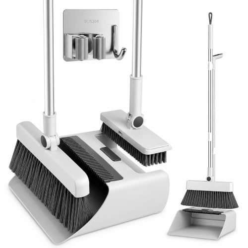 Velnoa Escoba y Recogedor Plegable 3 en 1 | Colgador Acero Inoxidable | 4 Productos en 1, Escoba, Recogedor, Cepillo y limpia Cristales. Modelo Mejorado en longuitud y Calidad