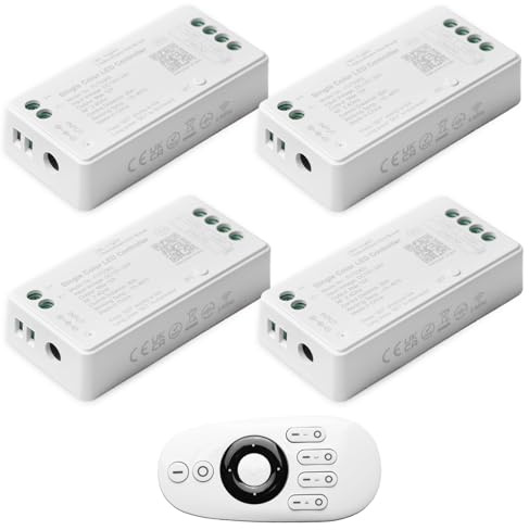 Keltorio Milight Fernbedienung kit, 4 x 2,4 GHz einfarbiger Dimmer LED Streifen Controller mit 1 x drahtloser 4-Zonen-RF-Fernbedienung, DC12V/24V Ausgang, max. 12 A (4x FUT036S + FUT007)
