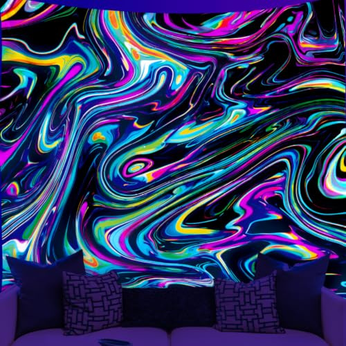 WEBEEDY Trippy Fluid Art Schwarzlicht Wandteppich,UV Reaktiv Psychedelische Wandteppiche Wandbehang Fluid Ästhetik Hintergrund Black Light Poster Für Weihnachten Halloween Gamer Raum,150x130cm