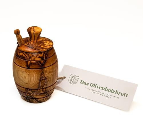 Das Olivenholzbrett Honeypot with Lid Made of Olive Wood Incl. Honey Spoon - 12cm