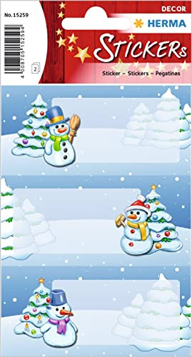 HERMA 15259 Weihnachtssticker, Winterlandschaft (6 Aufkleber, Papier, glitzernd) selbstklebende Weihnachtsdeko, permanent haftende Etiketten für Weihnachten, Geschenke, Basteln, Adventskalender, bunt