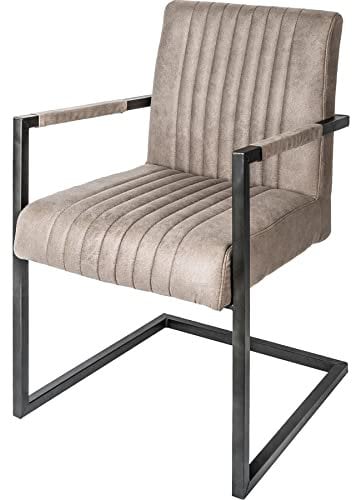 invicta INTERIOR Freischwinger Stuhl Big Aston Taupe mit gebürstetem Eisengestell hohes Sitzpolster Armlehne Roadster Esszimmerstuhl Konferenzstuhl