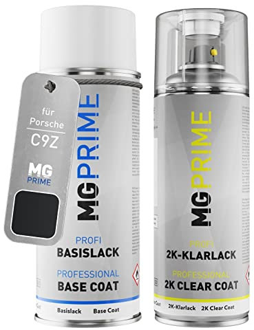 MG PRIME Autolack 2K Spraydosen Set für Porsche C9Z / Z4 Basaltschwarz Perleffekt/Basalt Black Metallic Basislack 2 Komponenten Klarlack Sprühdose