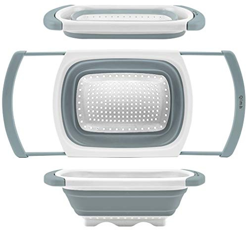 Qimh Collapsible Colander | Over The Sink Silicone Kitchen Strainers and Colanders with Extendable Handles | Veggies, Fruit and Pasta Foldable Strainer for Kitchen, 6-Quart, BPA Free
