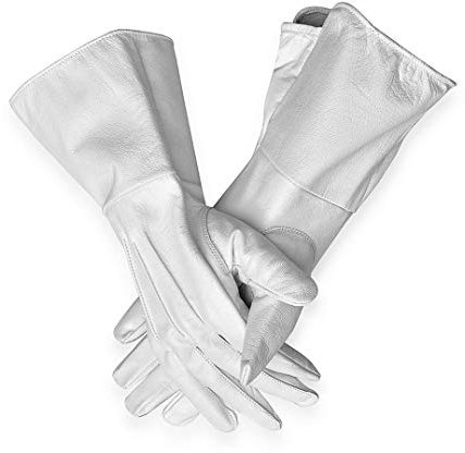 VISTOSO Hochwertige Handschuhe aus echtem Leder, mittelalterliches Kostüm, Cosplay, lange Manschette, Weiss/opulenter Garten, Medium
