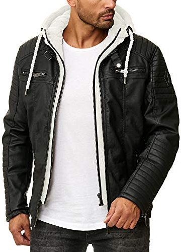 Robuste Lederjacke Kunstleder Bikerjacke mit abnehmbarer Kapuze Schwarz-Ecrumelange 4XL