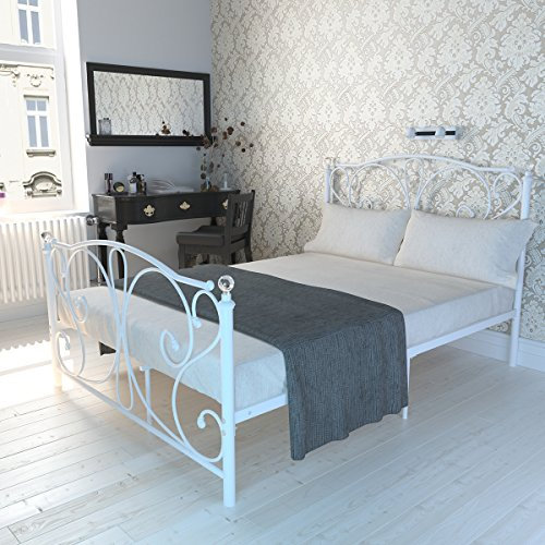 Panana 4FT6 Double Modern Metal Bed Frame with 2 Flower Design Headboard and Large Space Storage for Adults Kids Teenagers Guest Fits 135 * 190cm Mattress (White)