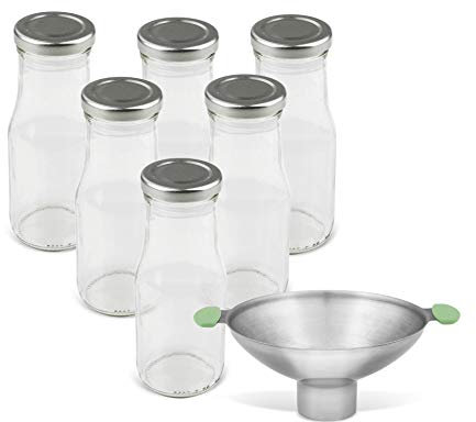 Dr. Oetker Milchflaschen 250 ml mit Trichter, Smoothie-Flasche mit Deckel, luftdichte Saftflasche, hochwertige Flasche mit Einmachtrichter (Farbe: Transparent/Silber/Grau), Menge: 1 x 7er Set