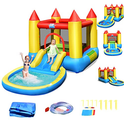 COSTWAY Château Gonflable avec Toboggan Aquatique/Aire de Saut/Piscine à Boules -Convient pour 2 Enfants de 3 à 5 Ans -Capacité de Charge Max. 68 kg -365x200x190CM (Pompe Air électrique Non Inclus)