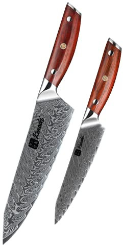 Kensaki 2er Messerset aus Damaszener Stahl Küchenmesser Japanischer Art hergestellt aus 67 Lagen Damaststahl Chairo Serie KEN-102