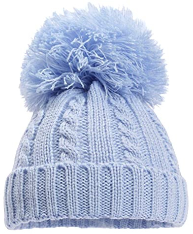 Babymütze Jungen Mädchen Gestrickte Zopfmuster Strick Winter Pom Pom Mützen Hellblau