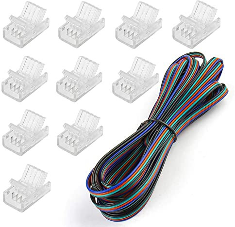 SUPERNIGHT 10 Pack 4 Pin LED Connector for 10mm Waterproof and Non-Waterproof RGB 5050 LED Strip Lights, Include 16.4ft Extension Cable,Strip to Wire Quick Connection Without Stripping