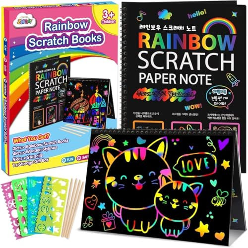 ZMLM Kratzbilder für Kinder, 2 Pack Regenbogen Kratzpapier Kratzbuch für 3-10 Jahre alte Mädchen Jungen Gefälligkeiten Geschenke für Geburtstag Halloween Weihnachtsfeier Spiel