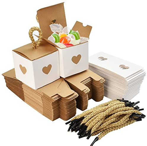 DURANTEY 50 Stück Kleine Schachteln Niedlich Kraftpapier Candy Box/Boxen 5.5x5.5x5.5cm Gastgeschenke Geburtstag Herz Pralinenschachtel Leer Weiß & Braun Kraftpapier Geschenkboxen für Hochzeit, Party