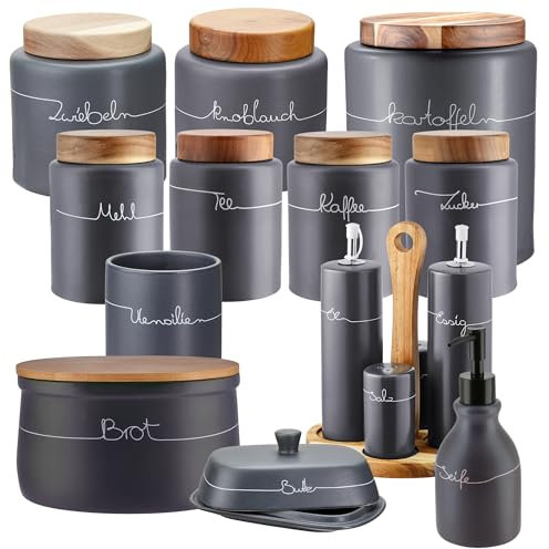 KHG Vorratsdosen Set für die Küche in Anthrazit-Grau mit Holz-Deckel, Vorratsdosen Keramik Steingut poliert, mit Beschriftung, Aufbewahrung Küche Organizer Set, plastikfrei & lichtgeschützt