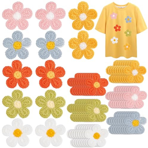 FINGERINSPIRE 60 Stück gehäkelte Blumen-Applikationen 50mm handgefertigt gehäkelte Blumenverzierungen Blumen-Aufnäher für Kleidung Taschen, Hüte oder Kunsthandwerk, DIY-Dekoration