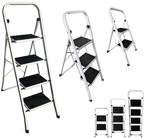 Folding Ladder 3 Step Heavy Duty Steel Stepladders 3 Tread Foldable with Handrail Safety Step Ladder for Indoor Outdoor Household Office Use