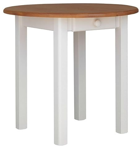 k koma Runder Kiefer Tisch Esstisch Holz Küchentisch massiv weiß Schublade Landhausstil Alder (80 cm)