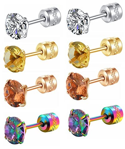 ZOCOYUU 4 Pairs Titanium Screw Back Surgical Stainless Steel Stud Earrings for Women Men,Rainbow 5A Cubic Zirconia Studs Double Side Earrings Piercing Sleeper Studs Jewelry 6mm